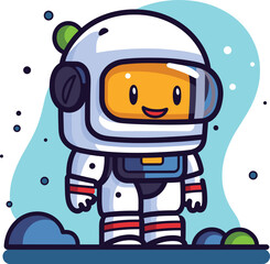 Cute cartoon astronaut standing on surface with stars, smiling character in space. Child-friendly space explorer, adventure in cosmos vector illustration.