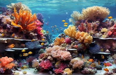Fototapeta na wymiar Ornamental fish on the beautiful sea bottom with coral reefs