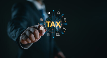 E-tax, Businessman show TAX for Individual income tax return form online for tax payment concept. Government, state taxes. Data analysis, paperwork, financial research, report. Calculation tax return.