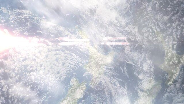 Zoom in from space and focus on Huntly, New Zealand. 3D Animation. Background for travel intro. Elements of this image furnished by NASA.