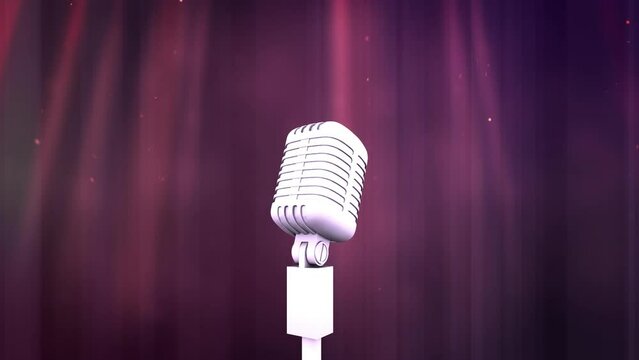 Animation of spotlight on retro microphone in front of dark red theatre curtain