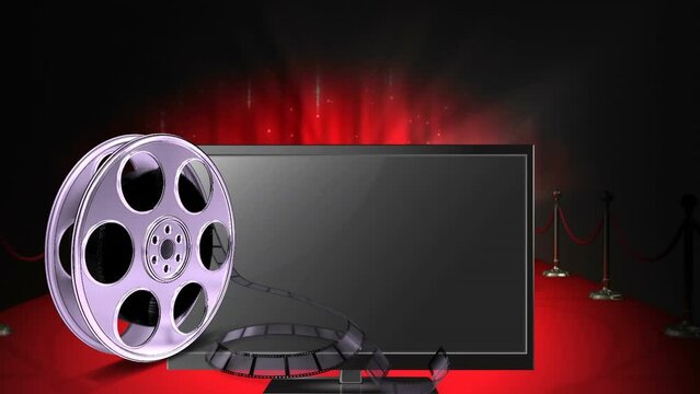 Animation of film spool and flatscreen monitor over red carpet, curtain and flashing lights