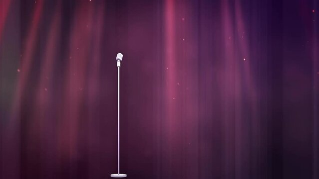 Animation of spotlights and retro microphone in front of dark red theatre curtain