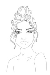 woman portrait line art illustration messy bun girl ink pen drawing sensual lips beautiful woman sketch black and white hairstyle outline linear contour hand drawn beauty fashion illustration artwork