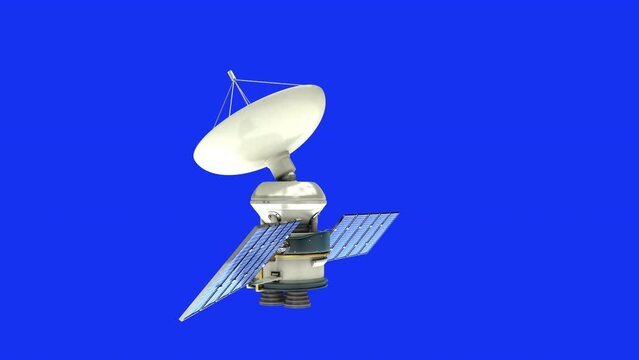 Animation of old document disintegrating over satellite with dish and solar panels on blue