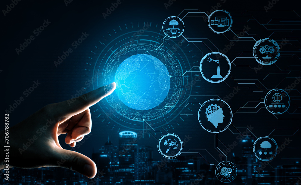 Poster futuristic industry 4.0 concept - engineering with graphic interface showing automation design, robo