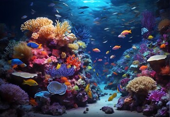 Naklejka na ściany i meble Ornamental fish on the beautiful sea bottom with coral reefs
