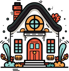 Colorful cozy cottage house with plants, chimney and round attic window. Cartoon style home exterior with vibrant colors vector illustration.