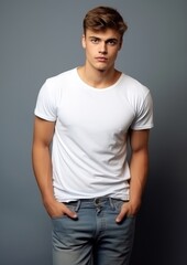 Fototapeta premium Man in white t-shirt and jeans standing on gray background