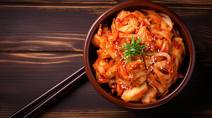 kimchi cabbage in a bowl with chopsticks for eating