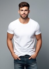 Male model with neat beard in white t-shirt on gray