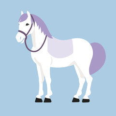 White horse with purple mane, simple cartoon style on blue background. Equestrian, kids illustration, farm animal vector illustration.