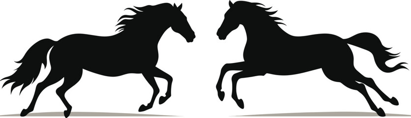 Two silhouette horses galloping side by side, black on white background. Equestrian elegance and dynamic motion vector illustration. - obrazy, fototapety, plakaty