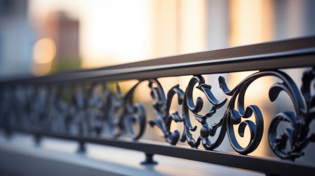 Closeup of a ornate wrought iron balcony railing on a contemporary highrise.