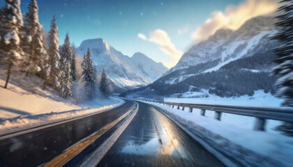 Snowy winter road in the mountains. Winter landscape with snowfall. Driving a car on a winter road through snow covered mountains.