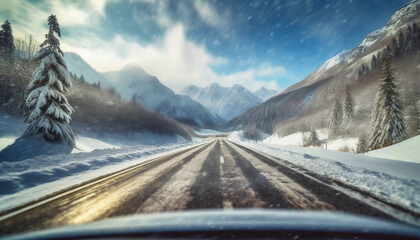 Snowy winter road in the mountains. Winter landscape with snowfall. Driving a car on a winter road through snow covered mountains.