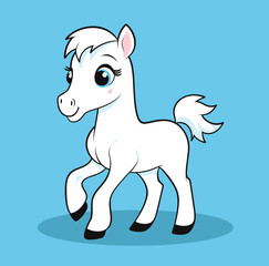 Cute cartoon baby horse, white pony with blue mane, standing on blue background. Child-friendly animal character design. Cartoon pony illustration for children's book vector illustration.