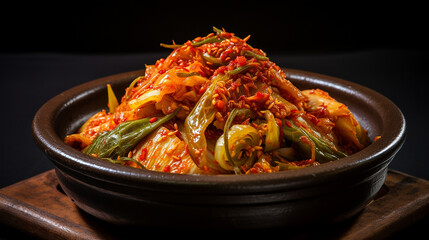 fresh kimchi on a crock head dish isolated