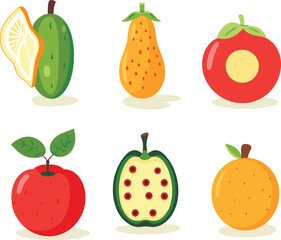 Set of cartoon fruits with cute faces. Lemon, guava, papaya, tomato, apple, watermelon, and orange. Fresh summer fruits. Kids friendly designs vector illustration.