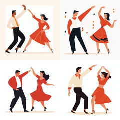 Four couples in different poses dancing salsa or tango. Men and women in vintage style dance attire enjoying Latin dances. Retro dance event, salsa night vector illustration