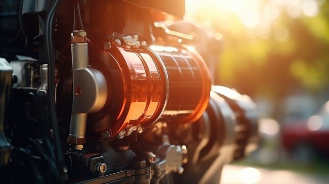 Closeup of a hybrid electric engine, blending traditional and sustainable fuel sources.