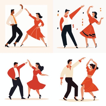 Four couples in different poses dancing salsa or tango. Men and women in vintage style dance attire enjoying Latin dances. Retro dance event, salsa night vector illustration
