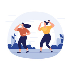 Two women exercising outdoors showing determination and strength. Female fitness workout, healthy lifestyle concept vector illustration.