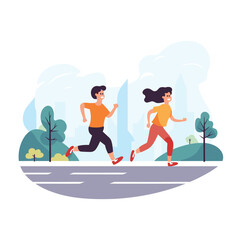 Male and female jogging in the city park, morning run, healthy lifestyle. Cartoon characters exercise outdoors, fitness activity vector illustration.
