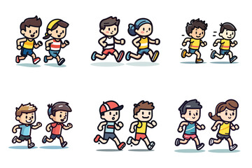 Kids running in sportswear, happy cartoon boys and girls exercising. Children in athletic activity, playful jogging vector illustration.