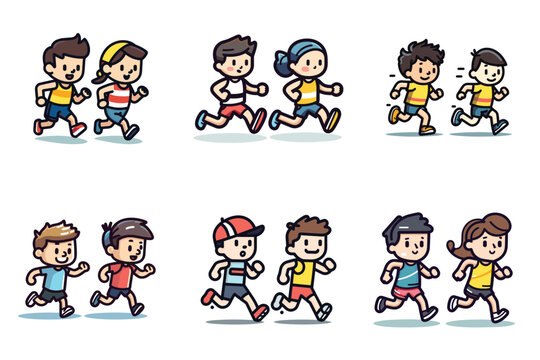Kids running in sportswear, happy cartoon boys and girls exercising. Children in athletic activity, playful jogging vector illustration.