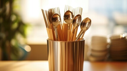 Closeup of a metal straw and bamboo utensils displayed in a zerowaste utensil holder.
