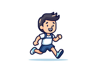 Young boy running with a happy face, wearing a blue shorts and a white shirt. Child in motion, playful and carefree lifestyle. Cartoon character jogging vector illustration.