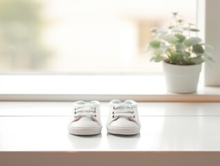 A pair of tiny, soft baby shoes. White shoes placed on a table, creating a minimalistic and elegant setting.