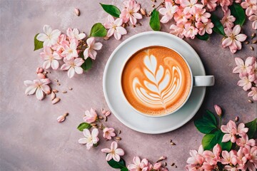 A beautifully crafted latte with intricate art, presented in a classic white cup, complemented by delicate pink blossoms and green leaves on a textured background. - 706791347