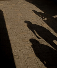 Shadows of people on a sidewalk.