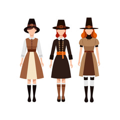 Simple Flat Design of Pilgrim Hats and Native American Headdresses for Thanksgiving Theme Illustration.