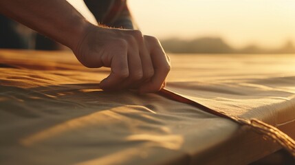 Closeup of hands tying a knot in a tarp to secure it over a damaged roof. - obrazy, fototapety, plakaty