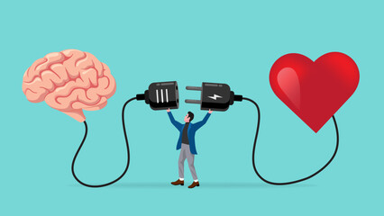 heart and brain connection, align your heart and brain, control feeling and emotion with logical thinking brain, man connect plug with heart to brain concept vector illustration with flat style design