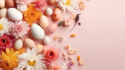 Fototapeta na wymiar Top View of Happy Easter Day banner concept design of colorful eggs and plants on pastel background