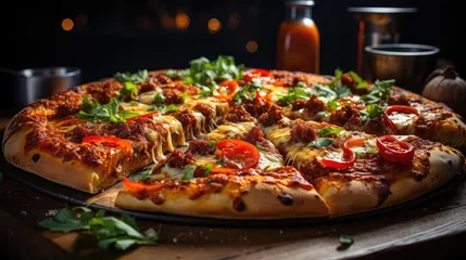 Foto op Plexiglas full pizza with vegetables and meat on wooden table with blur background © GradPlanet