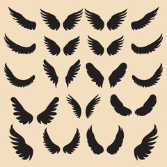 Angel or bird wing flat black silhouette set - obrazy, fototapety, plakaty
