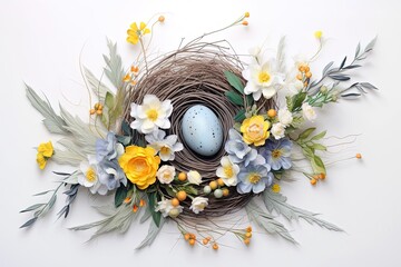 Easter bouquet with egg, wreath and flowers on white background