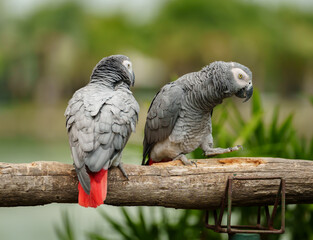 two African grey parrot (Psittacus erithacus) on wood tree branch