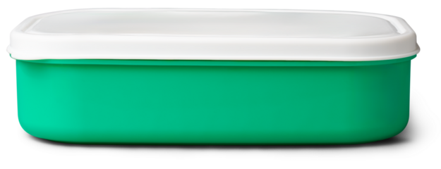 close-up of plastic lunch box, closed blank food container with simple design and shape, lightweight and easy to carry around, mockup template isolated on white background