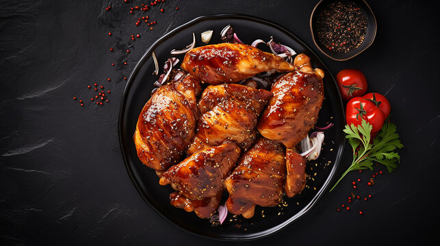 raw chicken meat marinated in teriyaki soy sauce with onion and tomatos