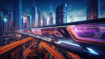 Fototapeta na wymiar Futuristic train over the city of the future