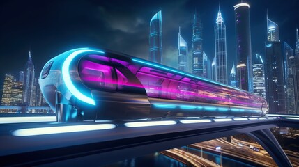 Futuristic train over the city of the future