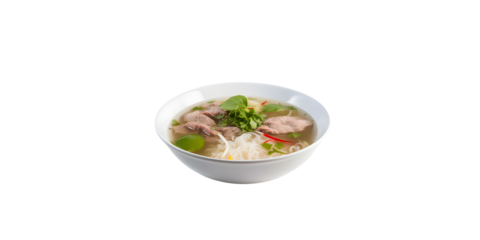 side view of Traditional Vietnamese beef soup pho fill in the bowl garnish with onion and green leaves topping in white bowl with transparent background
