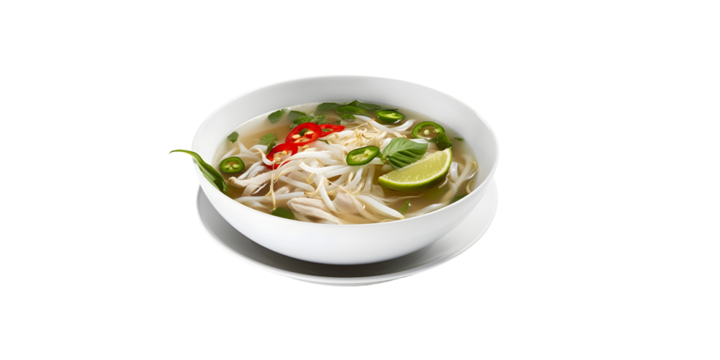 side view of Traditional Vietnamese beef soup pho fill in the bowl garnish with onion and green leaves topping in white bowl with transparent background