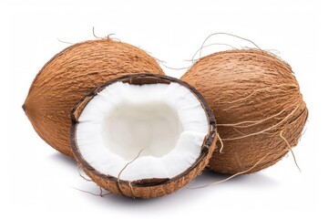 Two coconuts, cut in half, are displayed on a white surface, showcasing their rich texture.